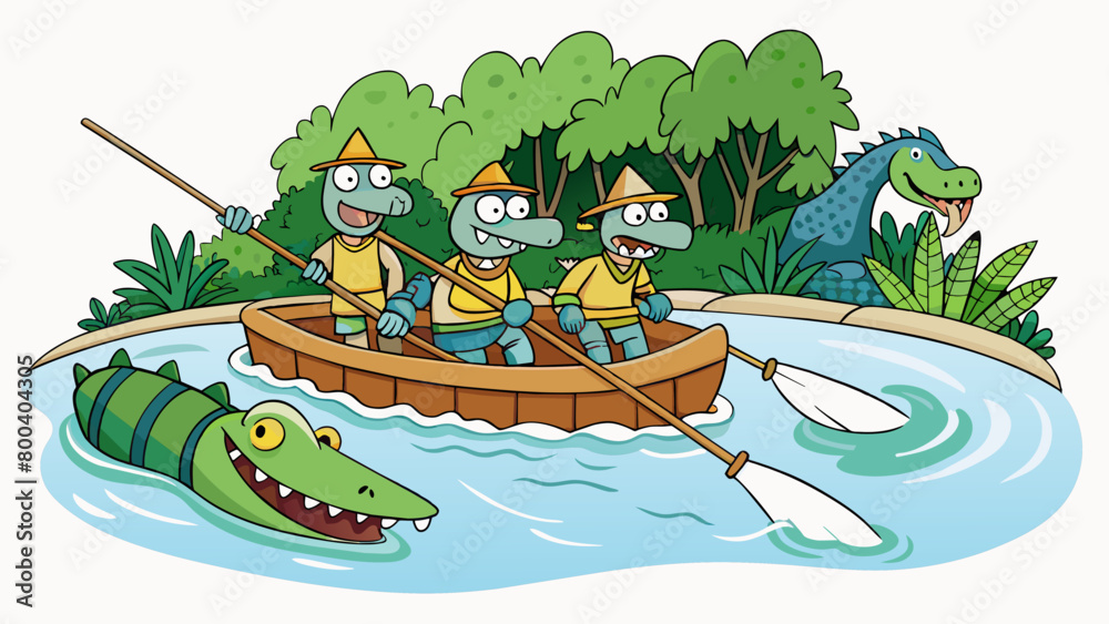 Poster a group of adventurers navigating their raft through a treacherous jungle river. the raft is ly big 