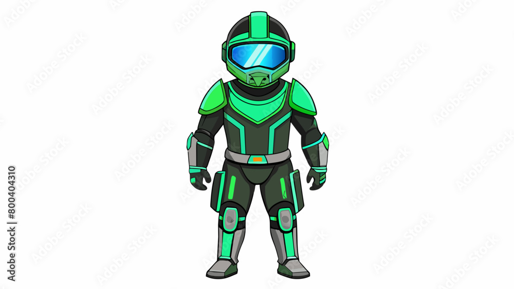 Poster A green and black armorinspired jumpsuit with glowing blue lines running through it accompanied by a hightech helmet with builtin goggles and a pair. Cartoon Vector.