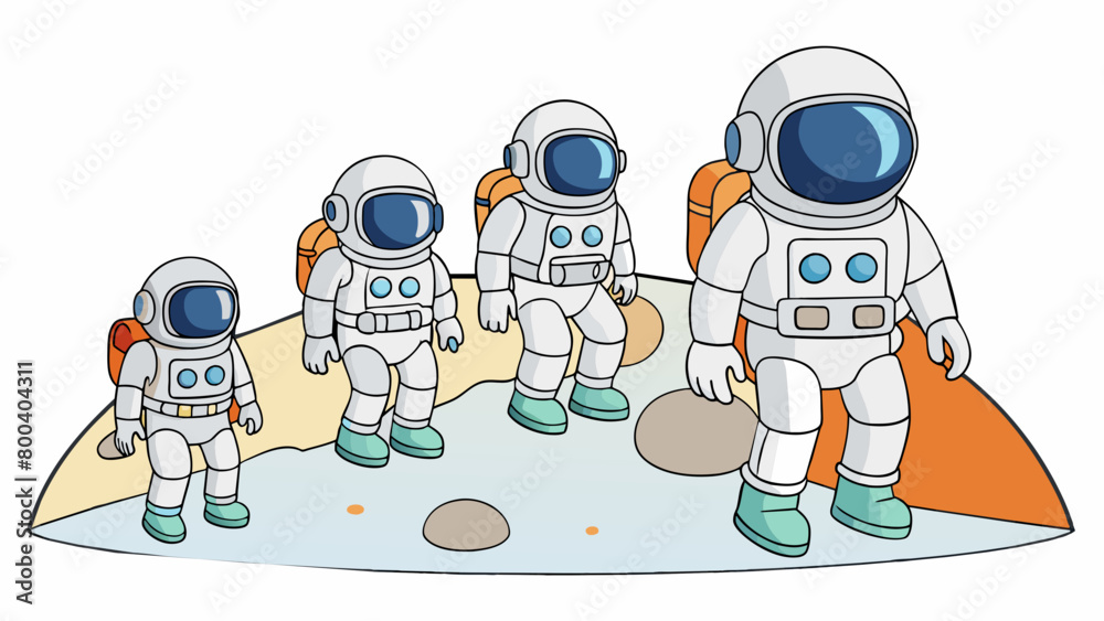 Poster a group of astronauts walks on the surface of a distant planet their space suits designed to withsta