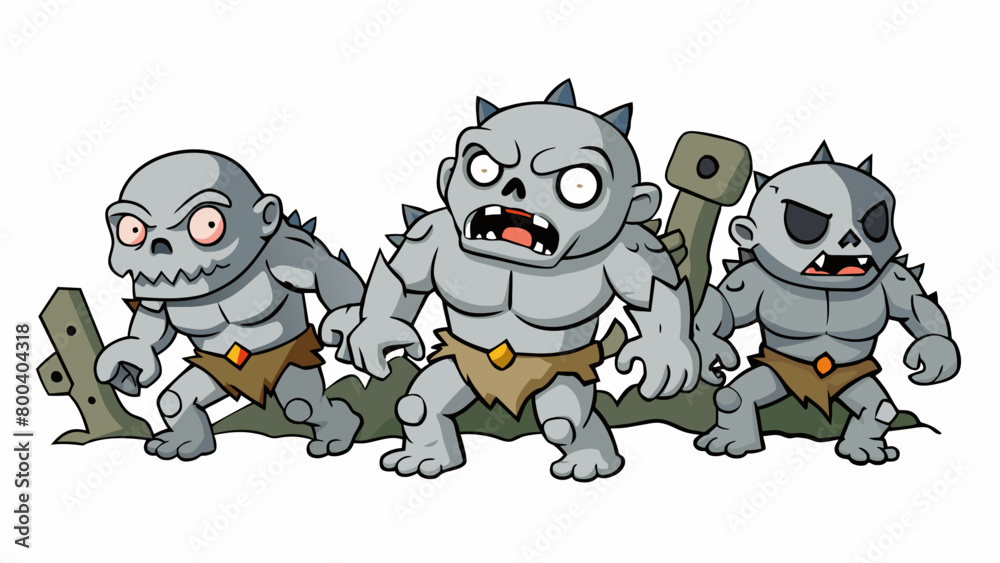 Poster a group of humanoid monsters with grey skin and jagged broken teeth stumbling through a dark forest.