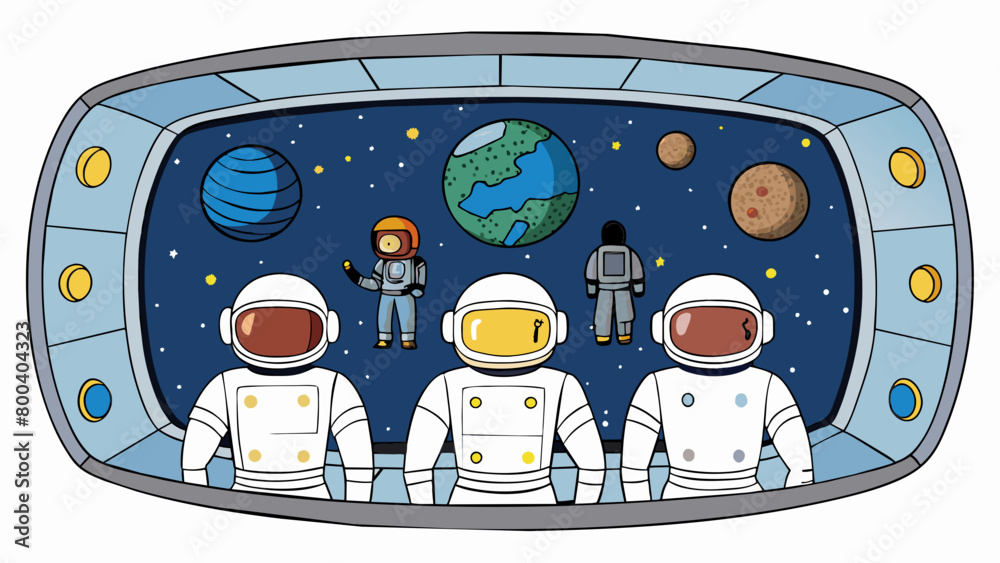 Poster A group of astronauts gather on the edge of a space station module gazing in awe at the vastness of space before them. With a view unobstructed by any. Cartoon Vector.