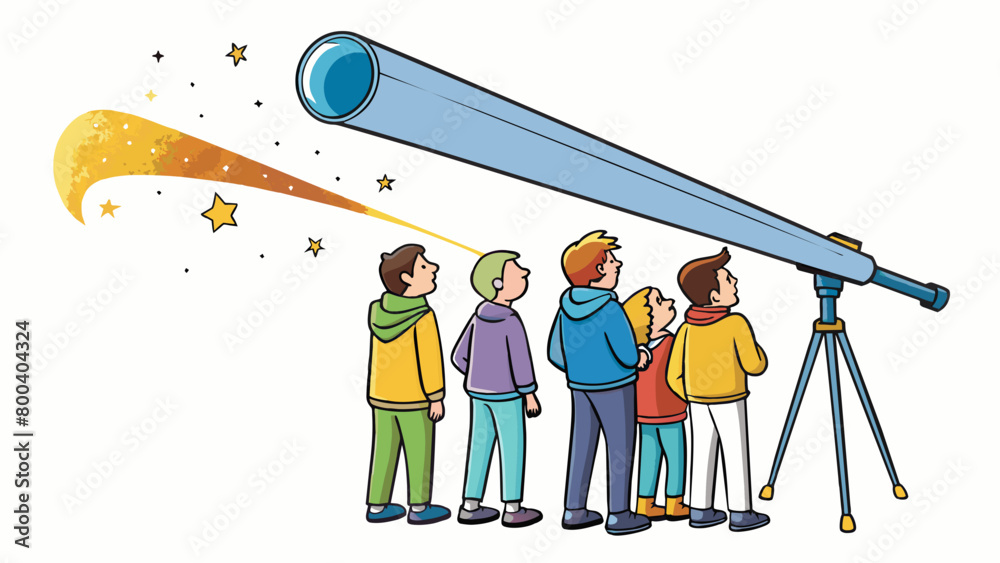 Poster A group of Astronomers gather under a clear moonlit sky using powerful binoculars to scan the heavens. Between them they spot a comet streaking across. Cartoon Vector.