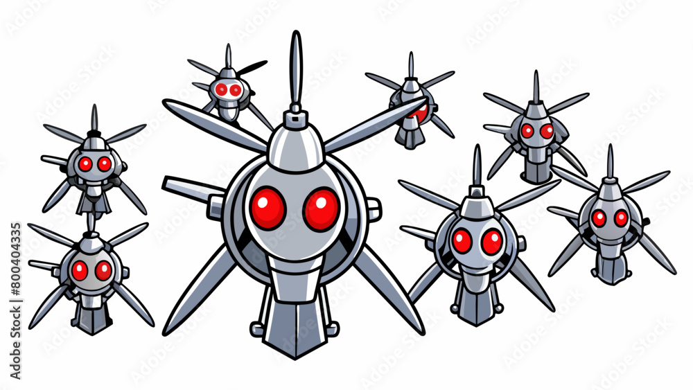 Poster A group of metallic drones suddenly turn against their human creators their glowing red eyes blinking with malicious intent. Their sleek angular. Cartoon Vector.
