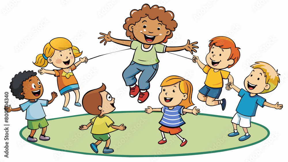 Poster a group of neighborhood children gathered in a circle jumping over a rope held by two kids on either