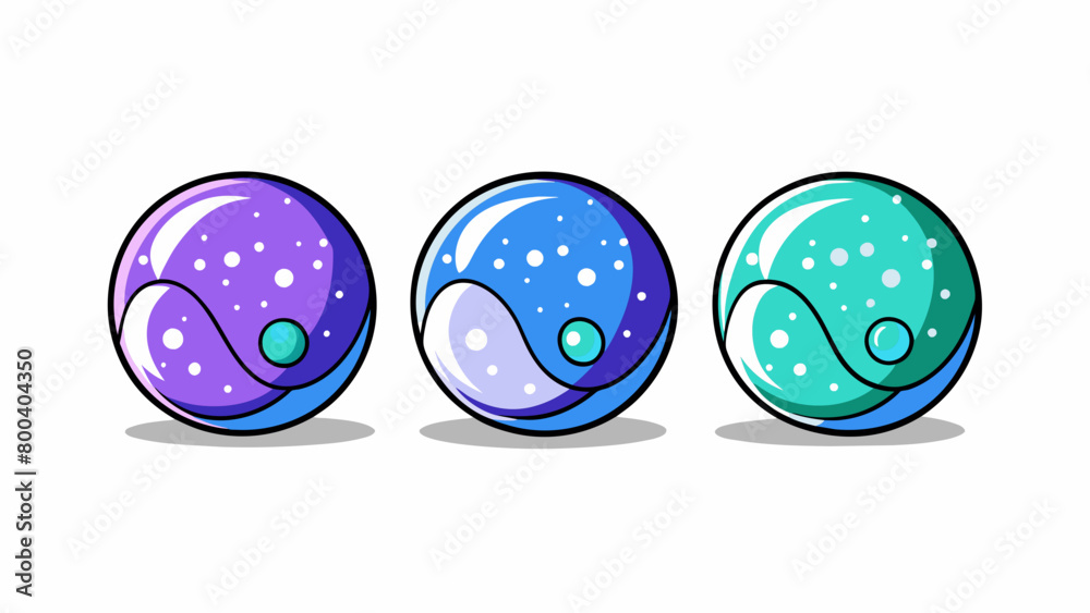Poster A group of marbles are lined up in a row on the ground ready to participate in a game. Each one has a unique design with one being blue with white. Cartoon Vector.