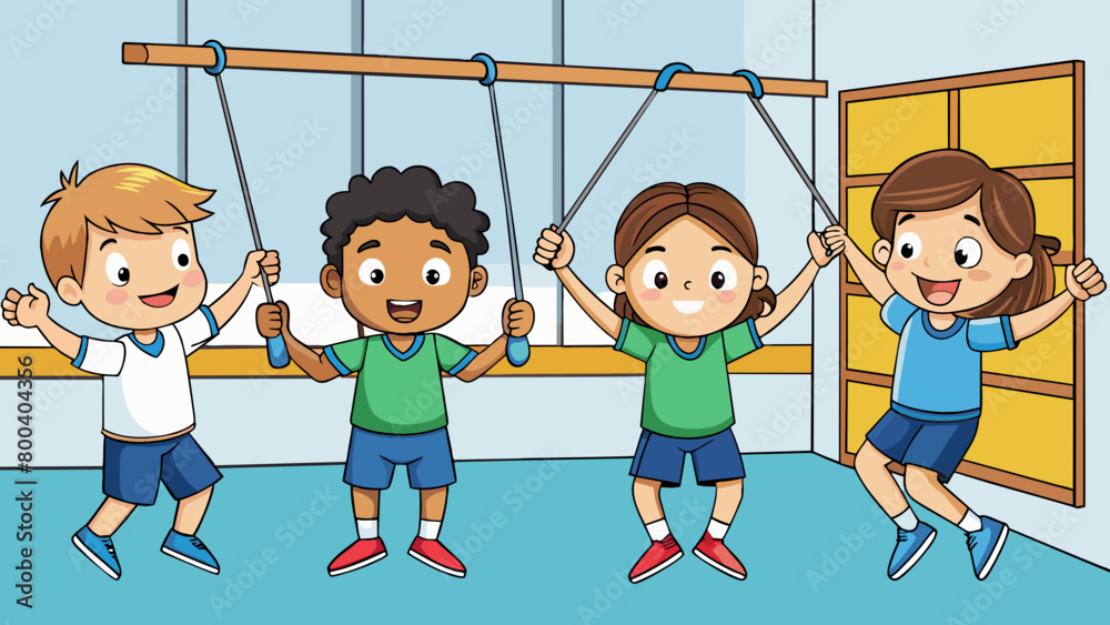 Aufkleber A group of students in PE class lined up in front of a rope hanging from the gym ceiling each taking turns jumping over it as their classmates cheer. Cartoon Vector.