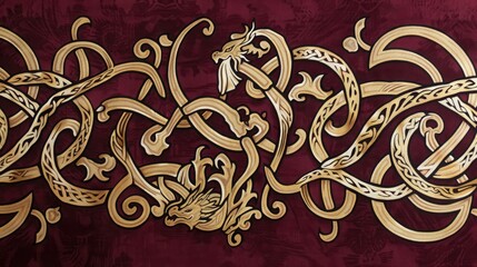 Deep burgundy canvas with intertwining  knotwork and dragon motifs.