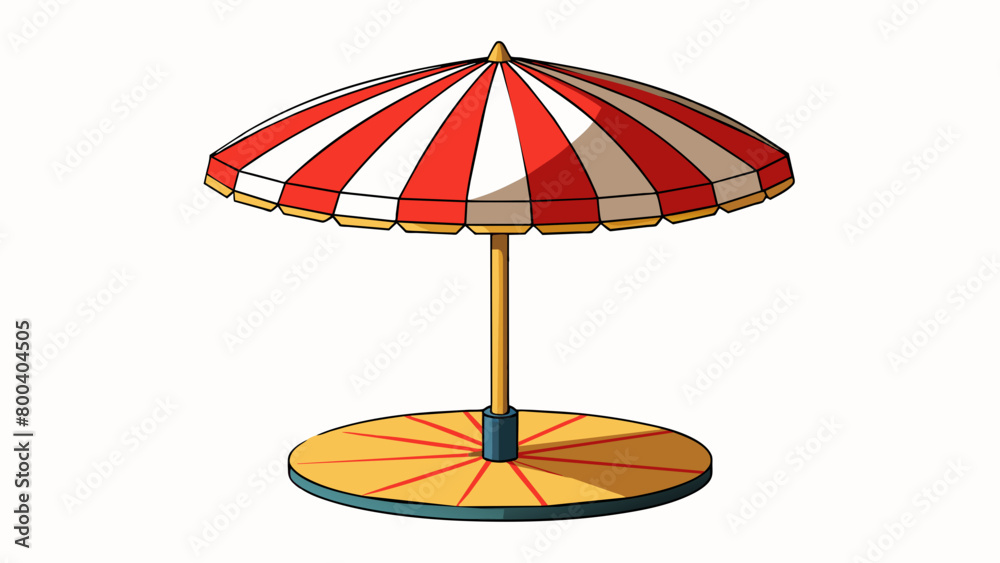 Poster a huge beach umbrella with a wide circular base and a sy pole reaching all the way up to the top. it