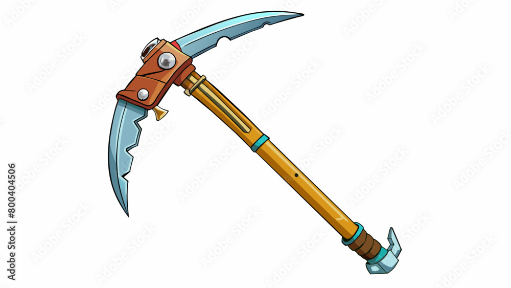 Poster A hightech ice axe with a sharp steel head and a sy wooden handle. It is essential for climbing icy slopes and has a secure wrist s for added safety.. Cartoon Vector.