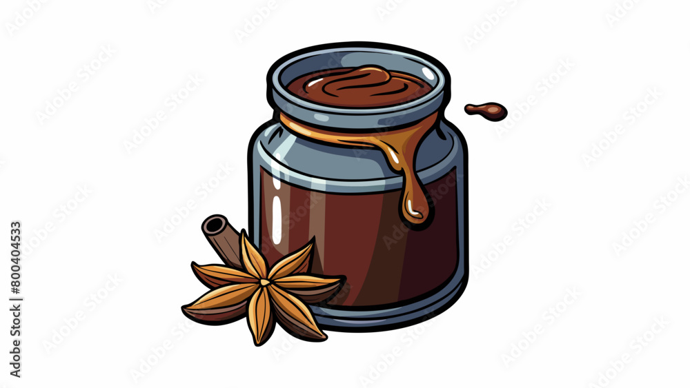 Poster a jar of licorice syrup thick and dark like molasses. the liquid is viscous and drips slowly and the