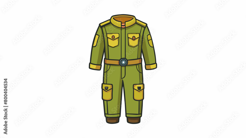 Poster A khaki jumpsuit with multiple pockets and patches designed to make one feel like a fearless jungle explorer. The fabric is sy and durable ideal for. Cartoon Vector.