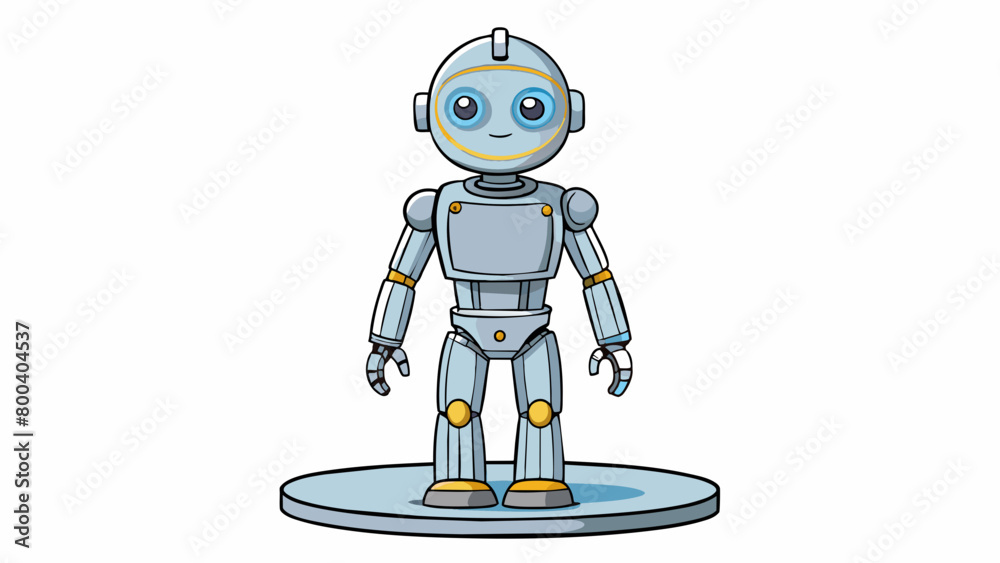 Poster A humanoid robot stands on a stage showcasing its advanced capabilities. Its body is made of a lightweight metallic material and it has a head with a. Cartoon Vector.