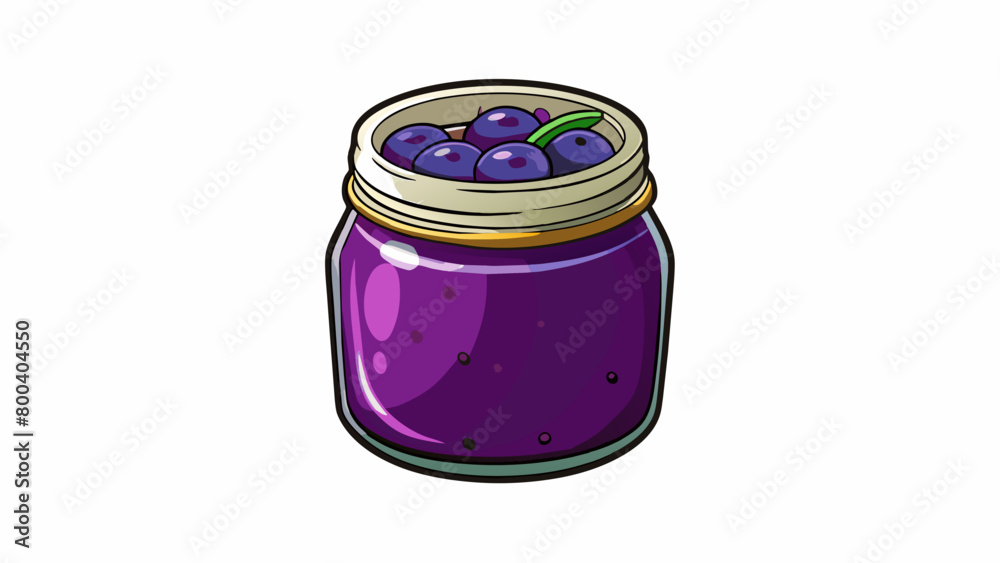 Poster a jar of deep purple fruit preserve made from a mixture of ripe berries and cooked until it becomes 