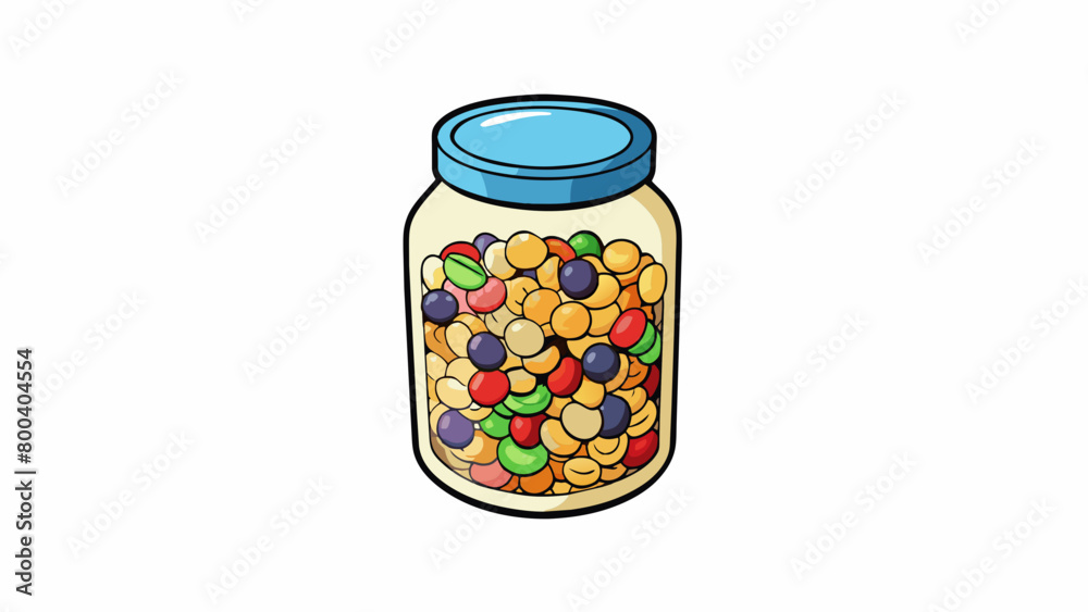 Poster A jar of granola with colorful pieces of cereal nuts and seeds mixed together creating a visually appealing and nutritious snack.  on white. Cartoon Vector.