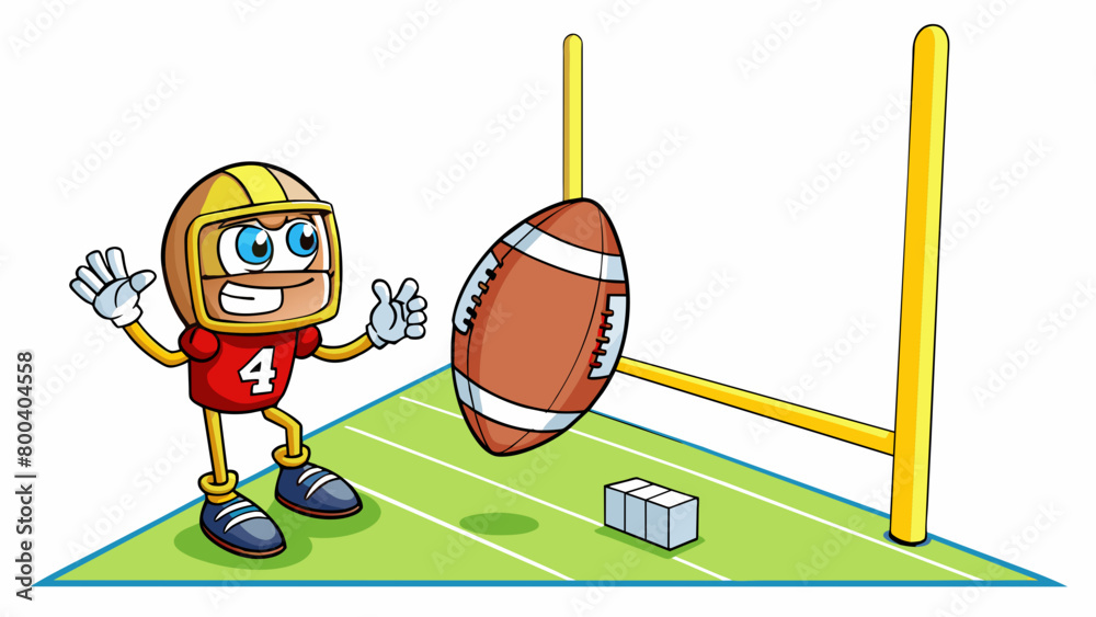 Poster A kicker takes a few steps back eyes fixed on the yellow goal posts in the distance. The ball rests on a tee as the crowd falls silent in. Cartoon Vector.