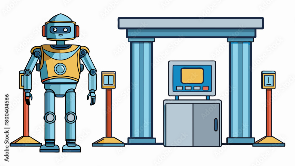 Poster A humanoid security robot stands guard at the entrance of a bank equipped with metal detectors and xray scanners to detect and prevent unauthorized. Cartoon Vector.