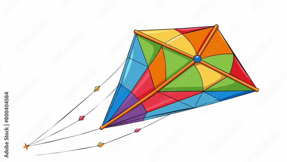 Fototapete A large colorful kite soaring through the sky held steady by multiple strings extending from each corner.  on white background . Cartoon Vector.