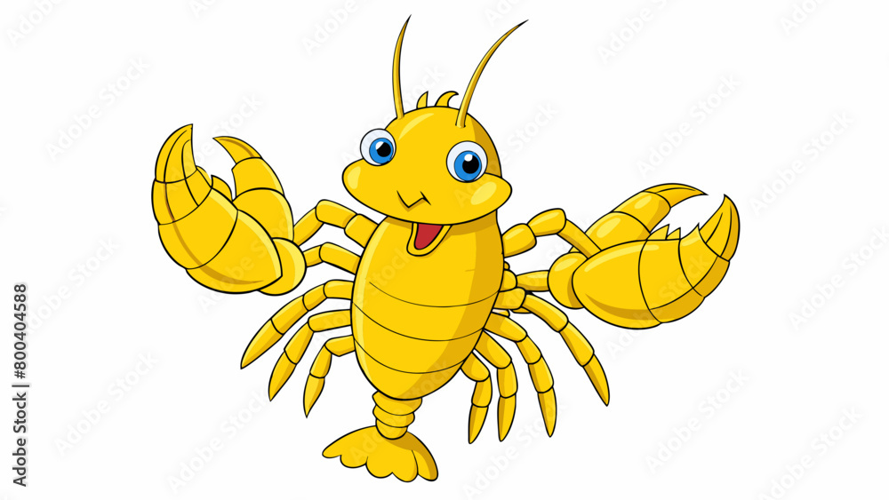 Poster a large bright yellow lobster with a bumpy domed shell and two sizable claws. its spiny tail curves 