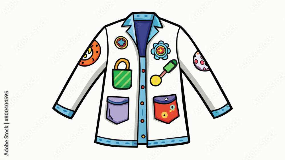 Poster A lab coat covered in patches of different textures and patterns from soft plush material to shiny sequins. Each patch is embroidered with the name of. Cartoon Vector.