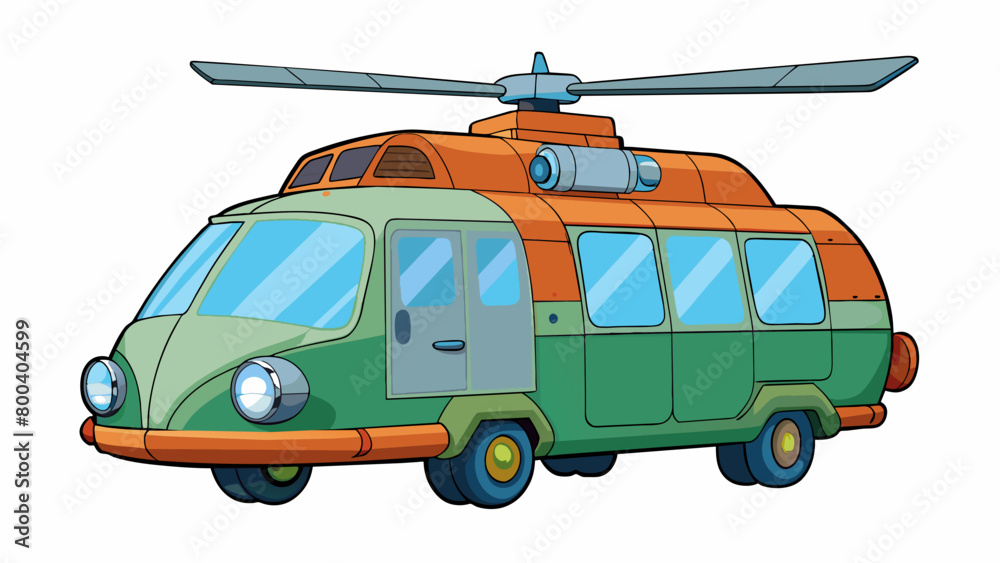 Poster a large and bulky vehicle with helicopterinspired propellers attached to its roof. the wings span ou