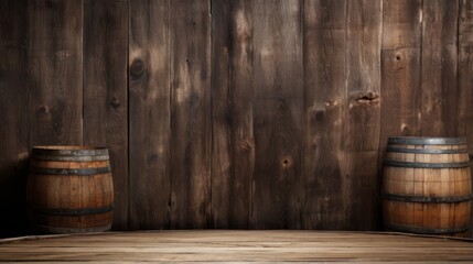 This image captures two rustic wooden barrels in a tavern-like setting, invoking feelings of warmth and traditional craftsmanship