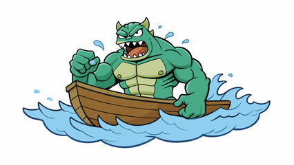 A hulking mass of muscle and teeth emerges from the waves its massive claws through the hull of a boat as it drags it towards its gaping maw. Its eyes. Cartoon Vector.