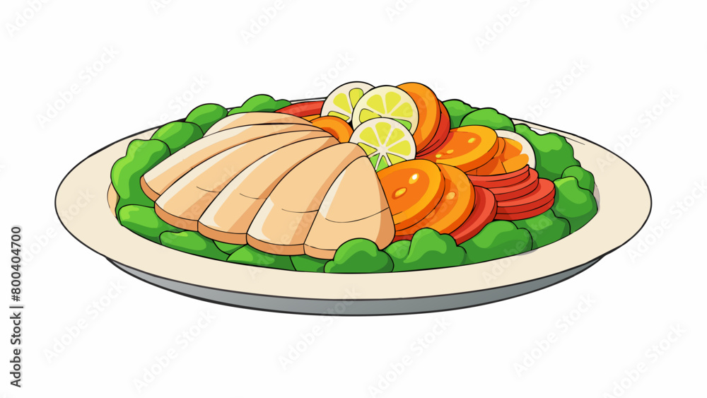 Poster A large white porcelain platter decorated with a colorful array of sliced chicken s served with a side of steamed vegetables.  on white background . Cartoon Vector.