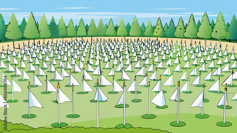 Poster A large open field filled with dozens of white flags each representing a designated spot to hit golf balls from. The grass is neatly trimmed and the. Cartoon Vector.