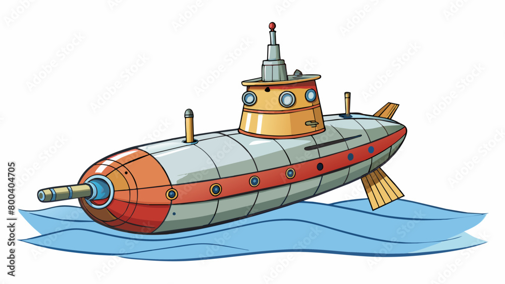 Poster a large metal tube floating on the waters surface featuring a conical tower on top and three thick m