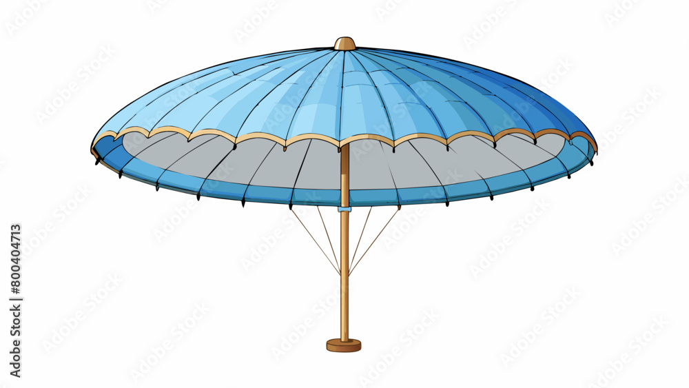 Poster A large round canopy made of sy fabric and supported by a long curved handle. Its designed to shield the user from rain or sun when held above their. Cartoon Vector.