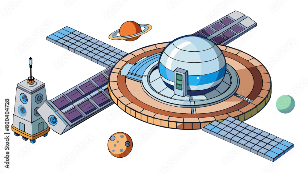 Poster A large space station floats gracefully in orbit around a distant planet its modular design allowing it to expand and house a continually rotating. Cartoon Vector.