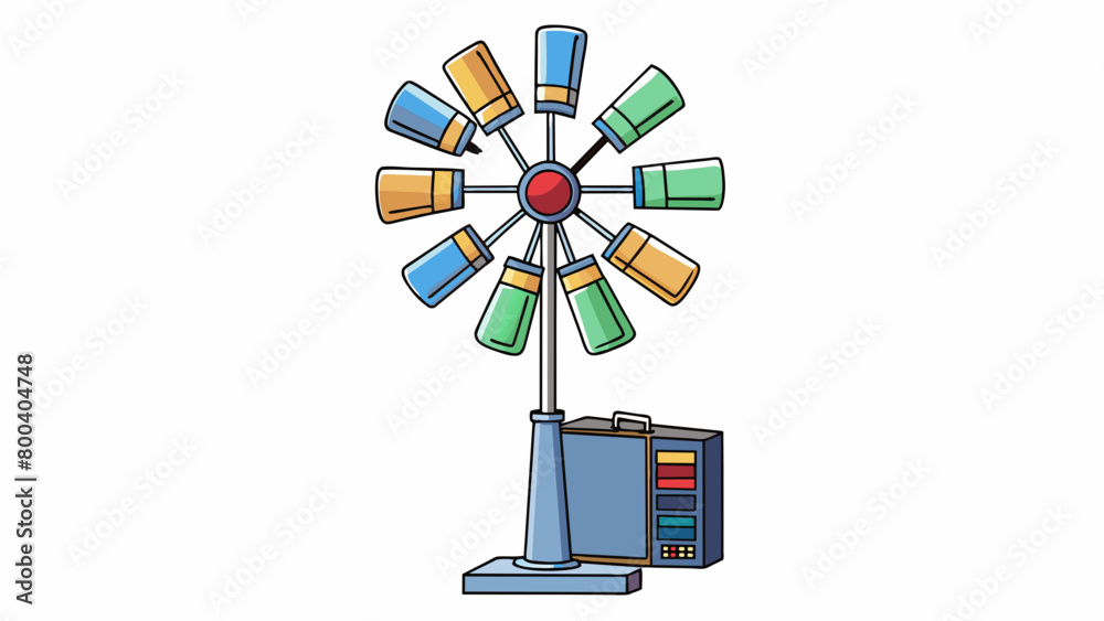Aufkleber A large windmilllike structure with multiple blades arranged vertically. As the wind blows the blades rotate and the speed and direction data are. Cartoon Vector.
