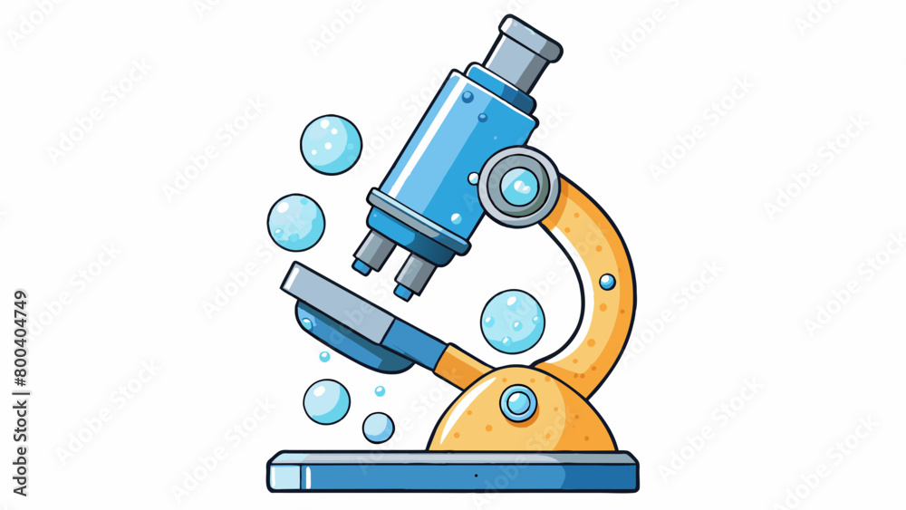 Aufkleber A large sophisticated microscope with multiple s and dials for precise adjustment. The object under examination is a droplet of water magnified to. Cartoon Vector.
