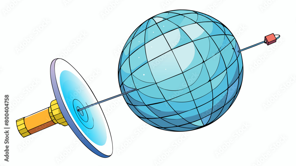 Poster A large spherical object with a bright reflective surface traveling through the vacuum of space. It is constantly rotating and has a long thin antenna. Cartoon Vector.