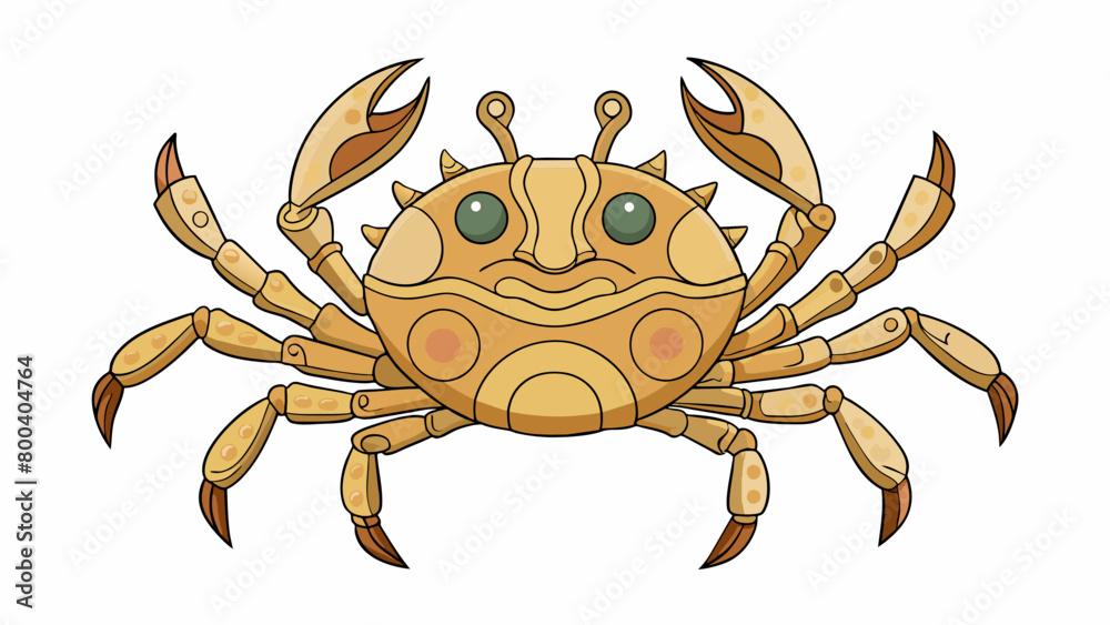 Poster a light brown object with a flat circular body and eight long spindly legs. its claws are smaller an
