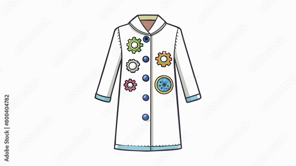 Poster A long pristine white coat with buttons shaped like toy characters and a whimsical print of gears and cogs. The fabric is lightweight and. Cartoon Vector.