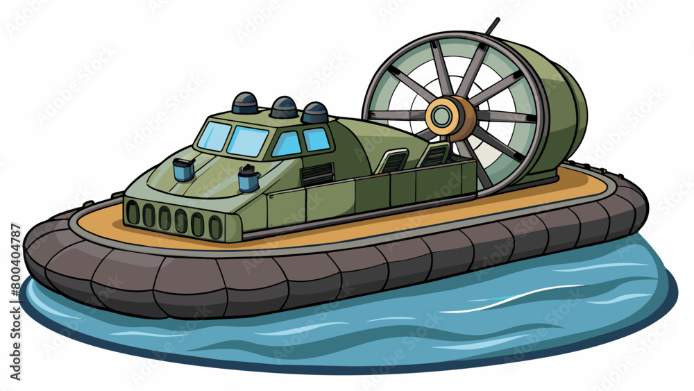 Poster A large militarygrade hovercraft sits on the shore ready to launch into the ocean. With its massive fans and sy armored hull it can easily traverse. Cartoon Vector.