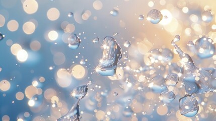 Crystal clear water droplets frozen in mid-air, reflecting a soft glow of light.