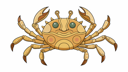 A light brown object with a flat circular body and eight long spindly legs. Its claws are smaller and less pronounced than other crabs but its body is. Cartoon Vector.