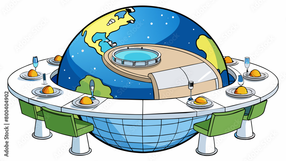 Aufkleber A luxurious space hotel complete with gravity simulation technology offers guests the chance to dine on gourmet meals while gazing at the mesmerizing. Cartoon Vector.