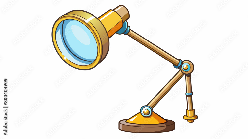 Poster a magnifying glass attached to a lamp commonly used by artists and jewelers. the lens is circular an
