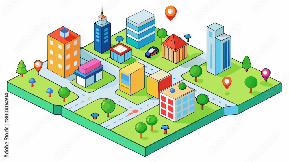 Poster A map of a bustling city with brightly colored dots representing different types of buildings such as schools parks and businesses. Each dot also has. Cartoon Vector.