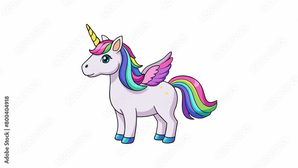 Poster a majestic unicorn costume with a rainbowcolored mane and tail glittery wings and a horn. it is made