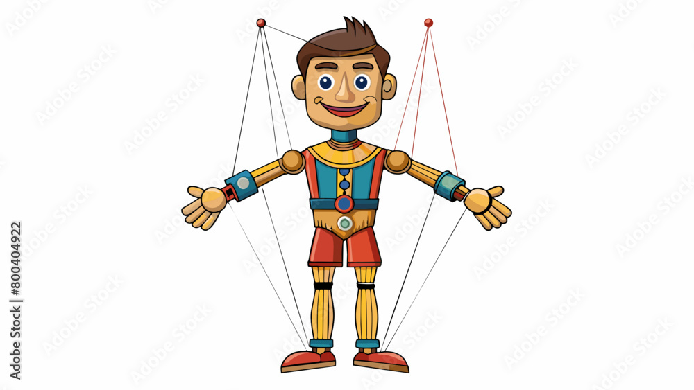 Poster A marionette is an ornate puppet made of carved wood and fabric with intricate strings attached to its articulated limbs. The strings are controlled. Cartoon Vector.