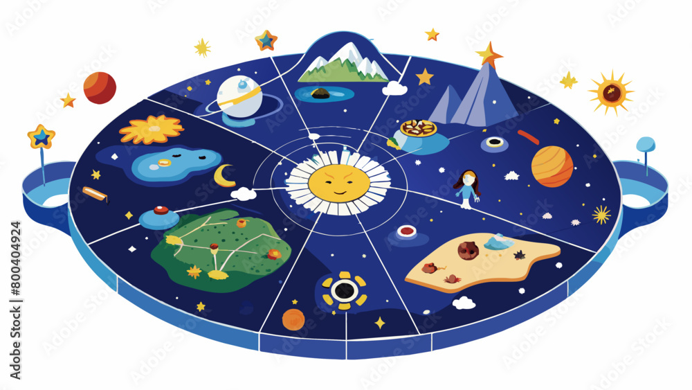 Poster A map of the night sky showing the positions of stars and constellations along with their respective names and stories from Greek mythology. The edges. Cartoon Vector.