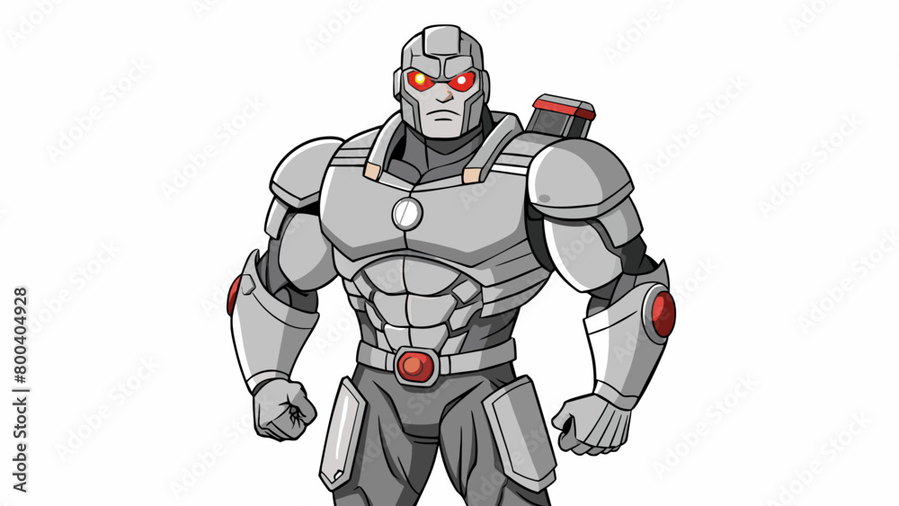 Poster a man with a metallic exoskeleton covering his body giving him enhanced strength and durability. the