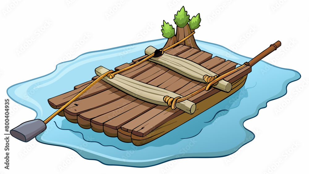 Poster A makeshift raft constructed from large weathered logs lashed together with thick ropes. A single oar carved from a tree branch is used to steer the. Cartoon Vector.