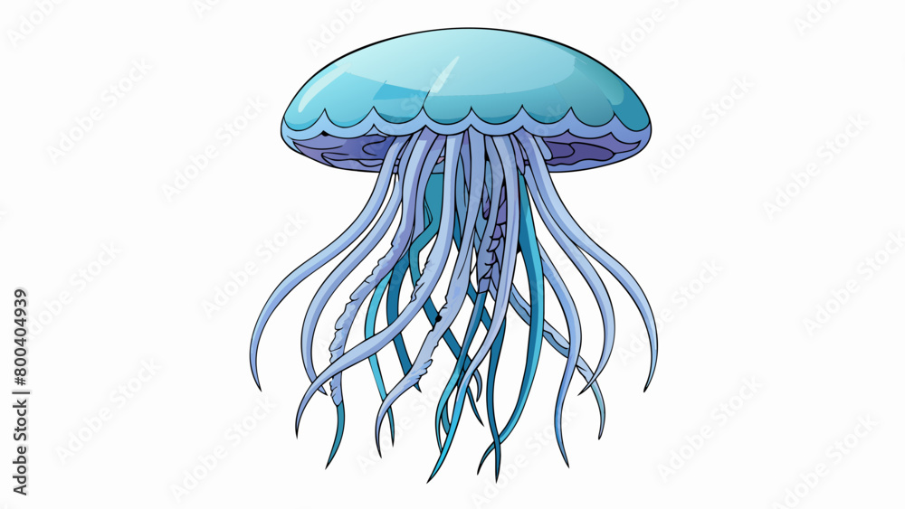 Aufkleber A massive translucent jellyfish with a saucerlike shape bobs in the ocean its long stinging tentacles reaching out in every direction to capture prey.. Cartoon Vector.