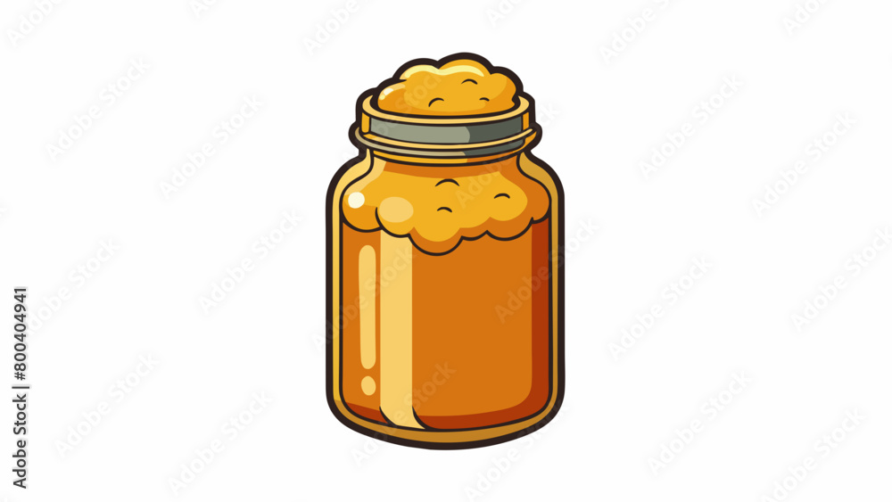 Poster A mason jar filled with a cloudy golden syrup that has been freshly tapped from a tree. Its texture is slightly thicker than honey and when tasted it. Cartoon Vector.