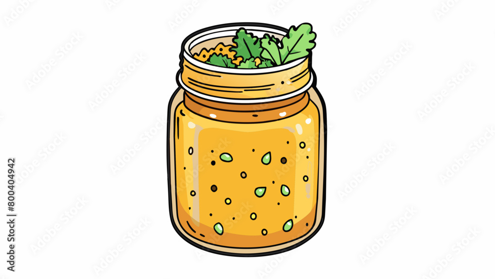 Poster a mason jar filled with a golden brown dressing flecked with bits of chopped herbs and onion. it has